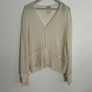 Louis Feraud Vintage Cream Ivory Silk Blouse Womens Button VNeck Ruched Sz 12